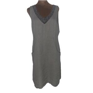 Lina Tomei Linen Dress Lagenlook Sz Small Shift Khaki-Gray Minimalist Coastal